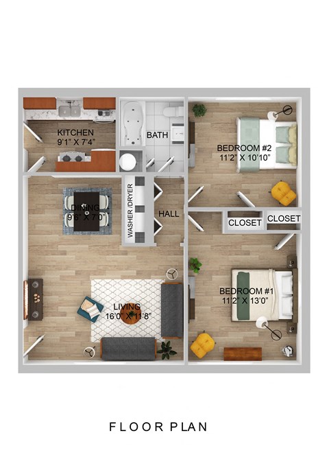 Floor plan for 2 beds, 1 bath, 758 sqft